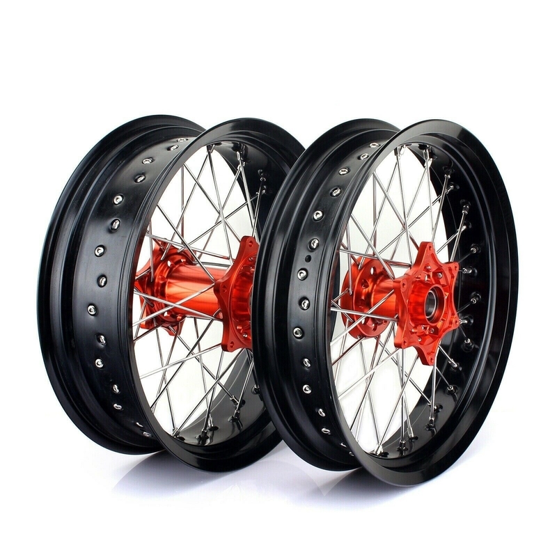 3.50x17 &quot;4.25x17&quot; Supermoto Alloy Wheels voor SX SXF EXC 125-530 Zwarte velgen en oranje hubs
